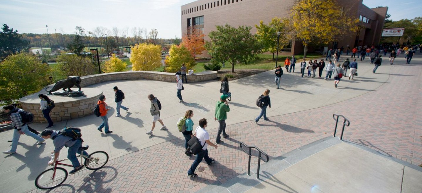 a picture of people walking on campus for background of page title