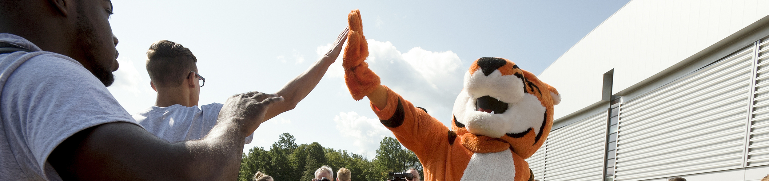 Ritchie the tiger mascot giving high fives to students.