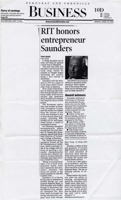Democrat and Chronicle article featuring Mr. Saunders being honored by RIT
