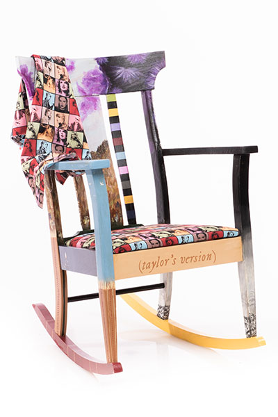 Mid-size rocking chair decorated with Taylor Swift's Era albums and custom fabric. 