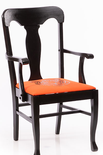Black Chair with Orange upholstered seat with Vinyl Tribal Tiger face on seat