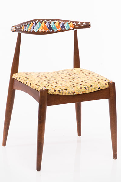 1950 modern chair with Sarchi (from Costa Rica) Mountains and yellow bee and flower upholstered seat