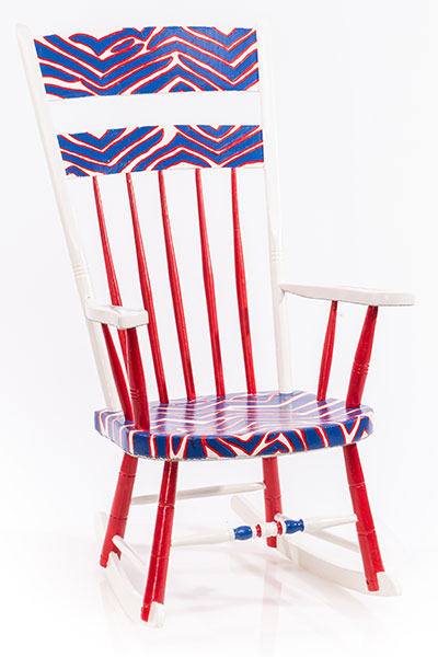 rocking chair with infamous Buffalo Bills Zubaz pattern and some not-so-subtle, slightly "hidden" disco mirror accents
