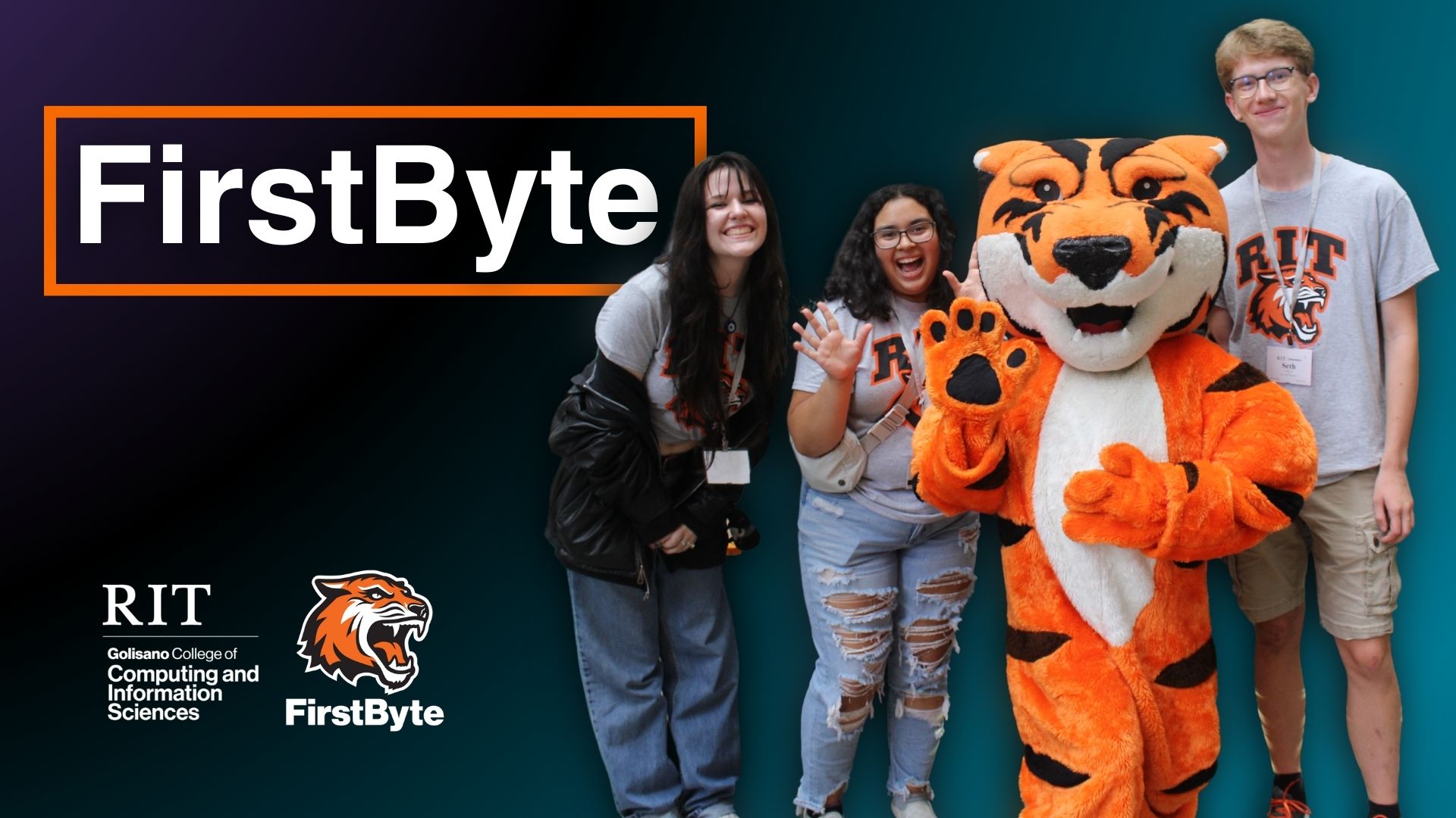 Students smiling with Ritchie the Tiger and the words FirstByte