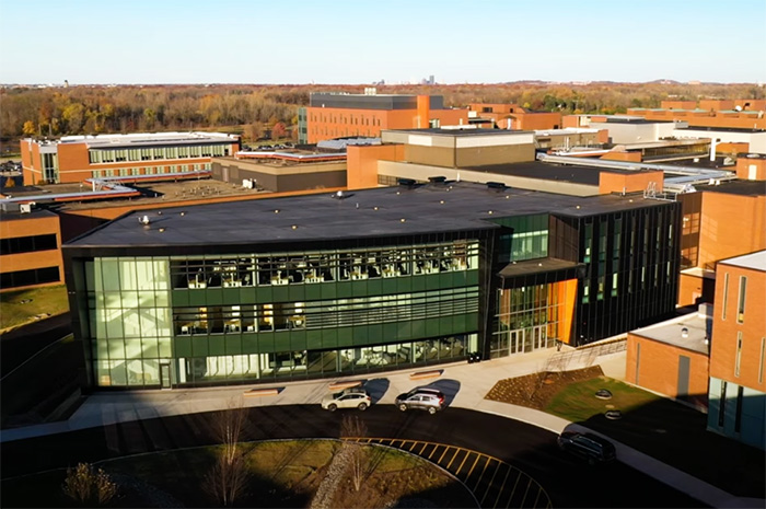 Exterior of the GCI building from a drone.