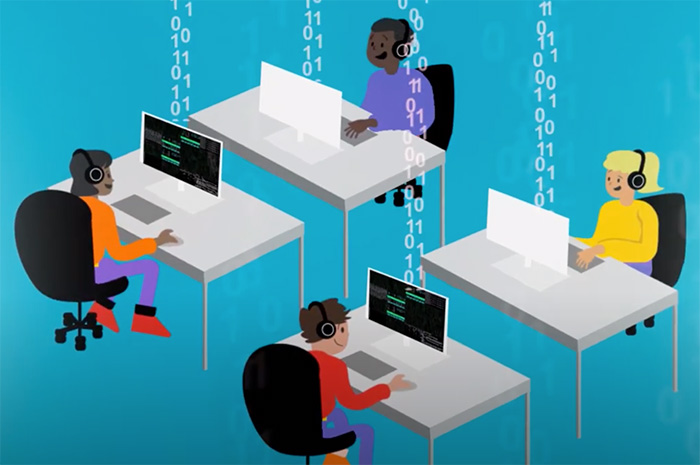 graphic showing 4 people using computers at desks.