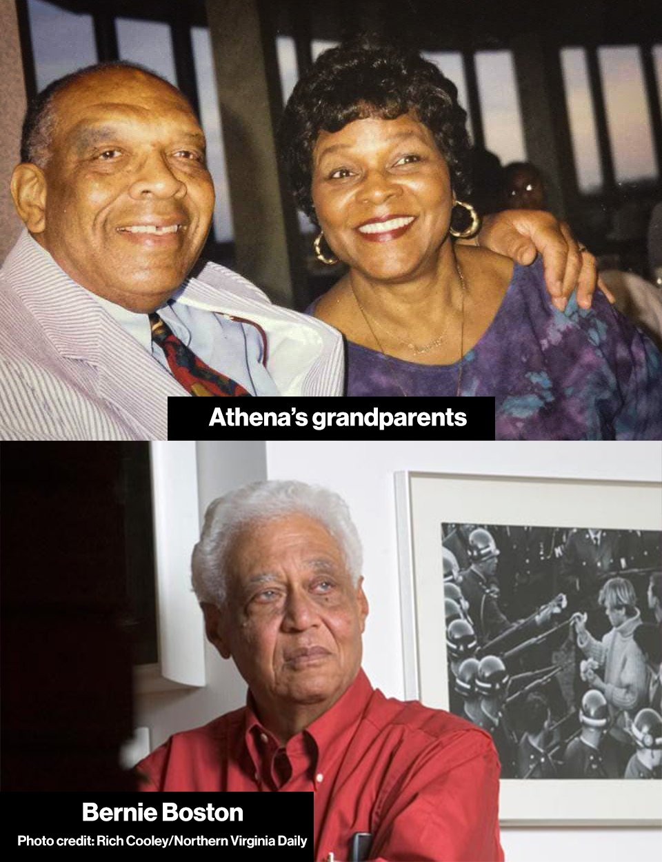 Top image: two older black people sitting together; Bottom Image: Black man standing