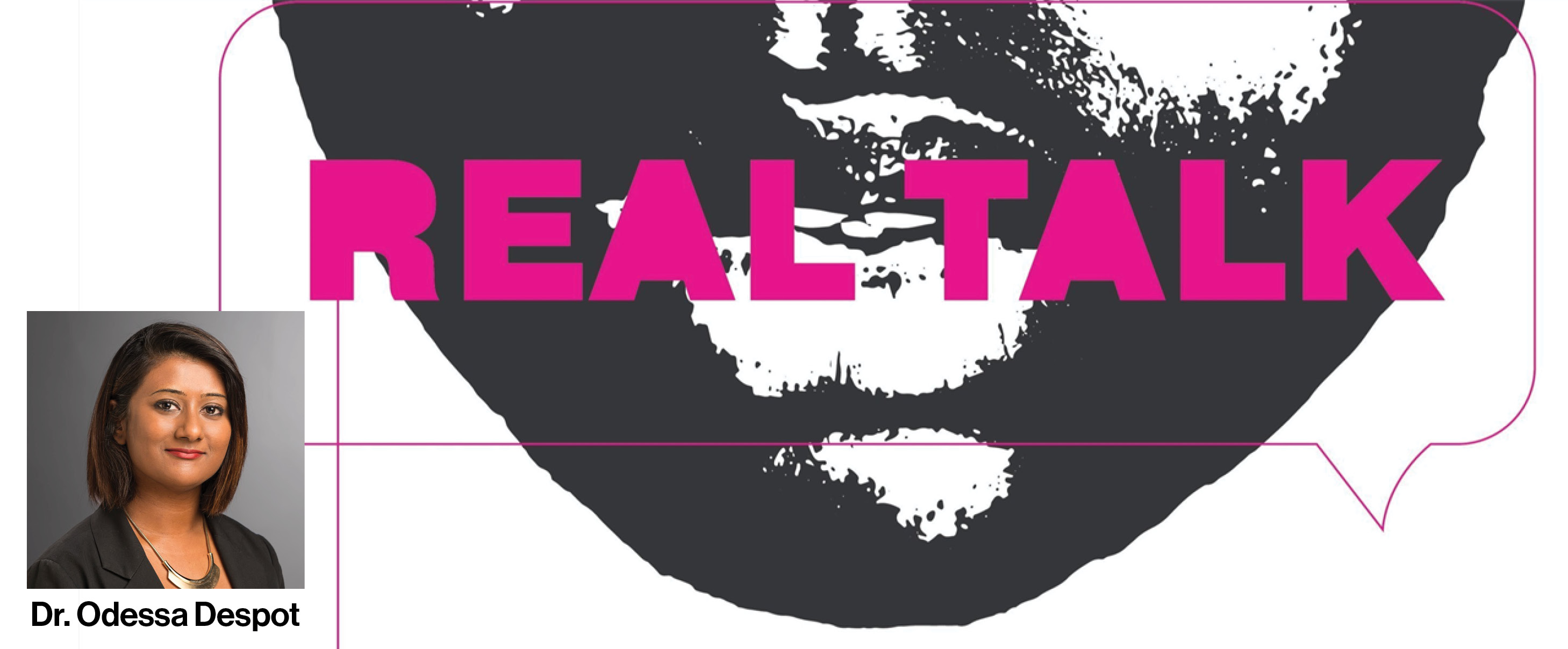 pink text over a graphic face with small headshot or female in bottom left corner
