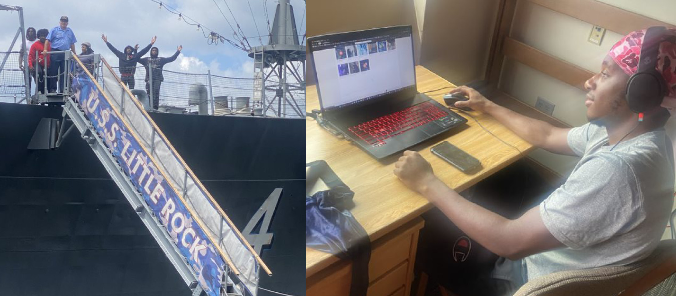 Left- students on ship right- student sitting at desk in dorm room