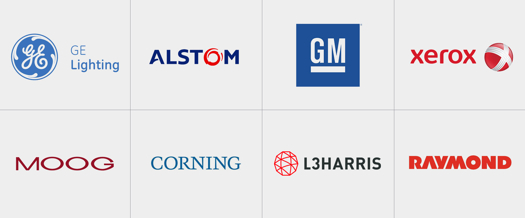 Eight logos for companies who sponsor their employees to study engineering leadership at RIT, including GE Lighting, General Motors, L3Harris, and Xerox.