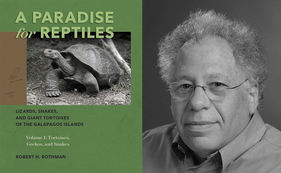 Cover of the book "A Paradise for Reptiles", a dark green background with a black-and-white photo of a tortoise; next to a black-and-white photo of the author, Bob Rothman