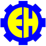 Engineering House logo that is a yellow E H inside a blue gear