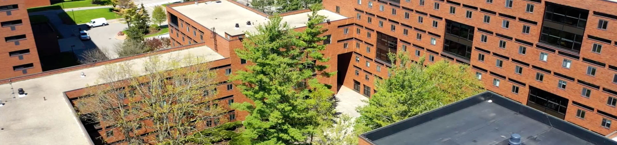 aerial view of low rise residence hall Peter Peterson Hall