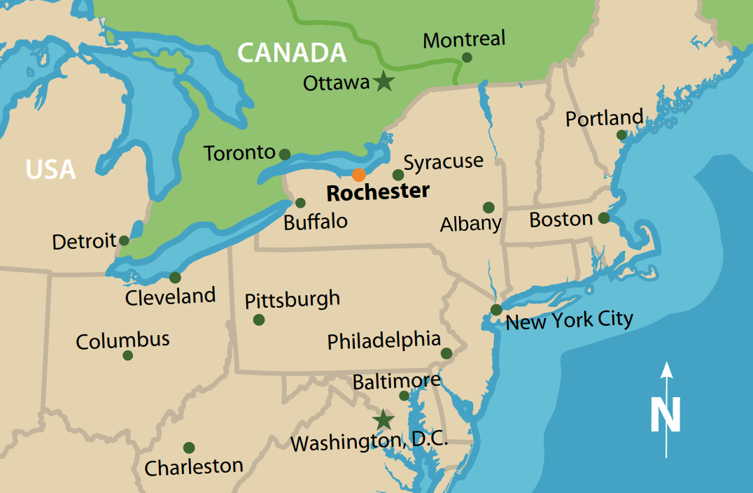 Map of the northeastern United States showing Rochester as an orange dot.