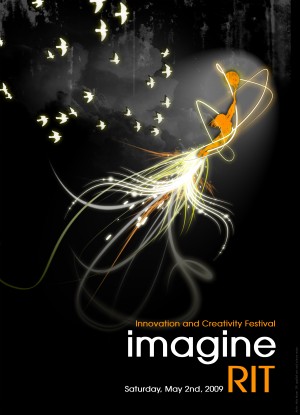 A filled-in orange outline of a student appears to be diving with curvy beams of light coming out of their feet. White birds appear in the top left, and the whole poster has a black background.