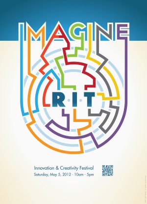 The letters of imagine appear in different colors and a line from each one navigates a circular maze in the center of the poster. At the center of the maze is the word RIT.