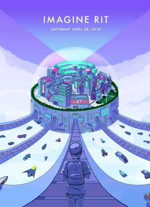 Several pathways lead to a floating, dome-enclosed city on this primarily blue and purple poster. A person in the front center of the poster is walking down the center path toward the city.