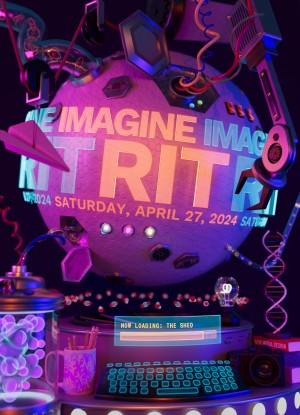 An imaginary, 3D-rendered sphere with holographic text saying "Imagine RIT, Saturday April 27, 2024" orbiting around it. The color palette is neon orange, purple and blue. There is also a holographic keyboard at the bottom and a loading bar that says "Now Loading: The SHED."