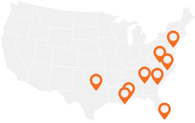 Map of the United States with map markers on past locations of Alternative Spring Break.
