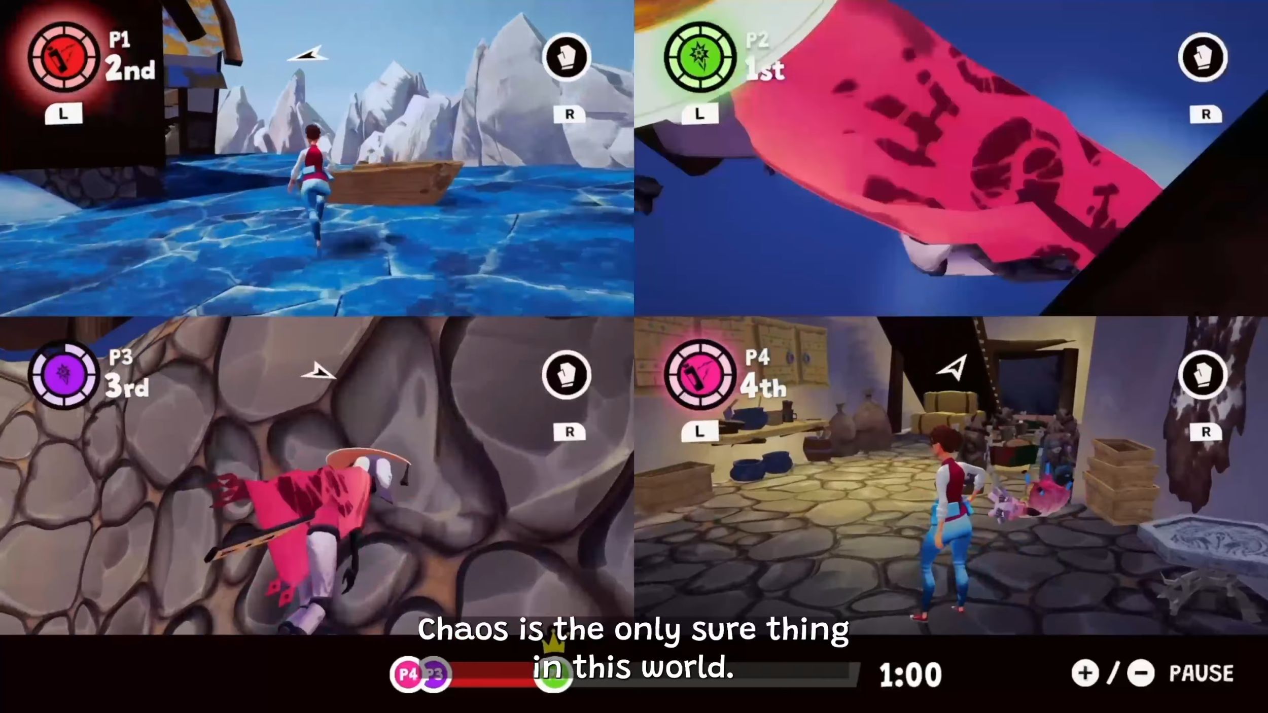 Screenshot of 4 players playing that damn goat in split screen