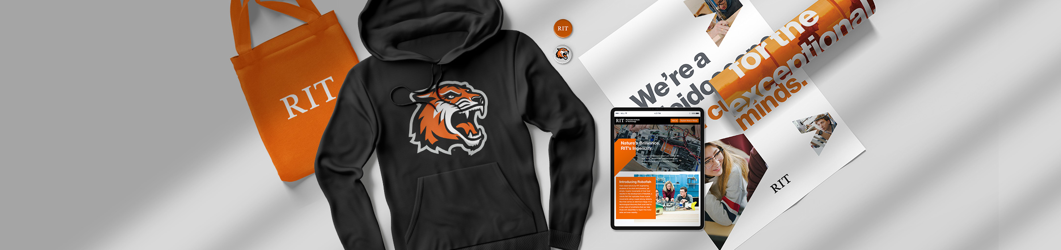 Collage of RIT branded apparel and marketing material