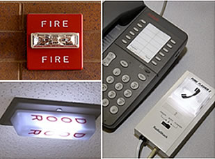 Montage of photos of fire alarm, phone adapter, and ceiling warning light alarm
