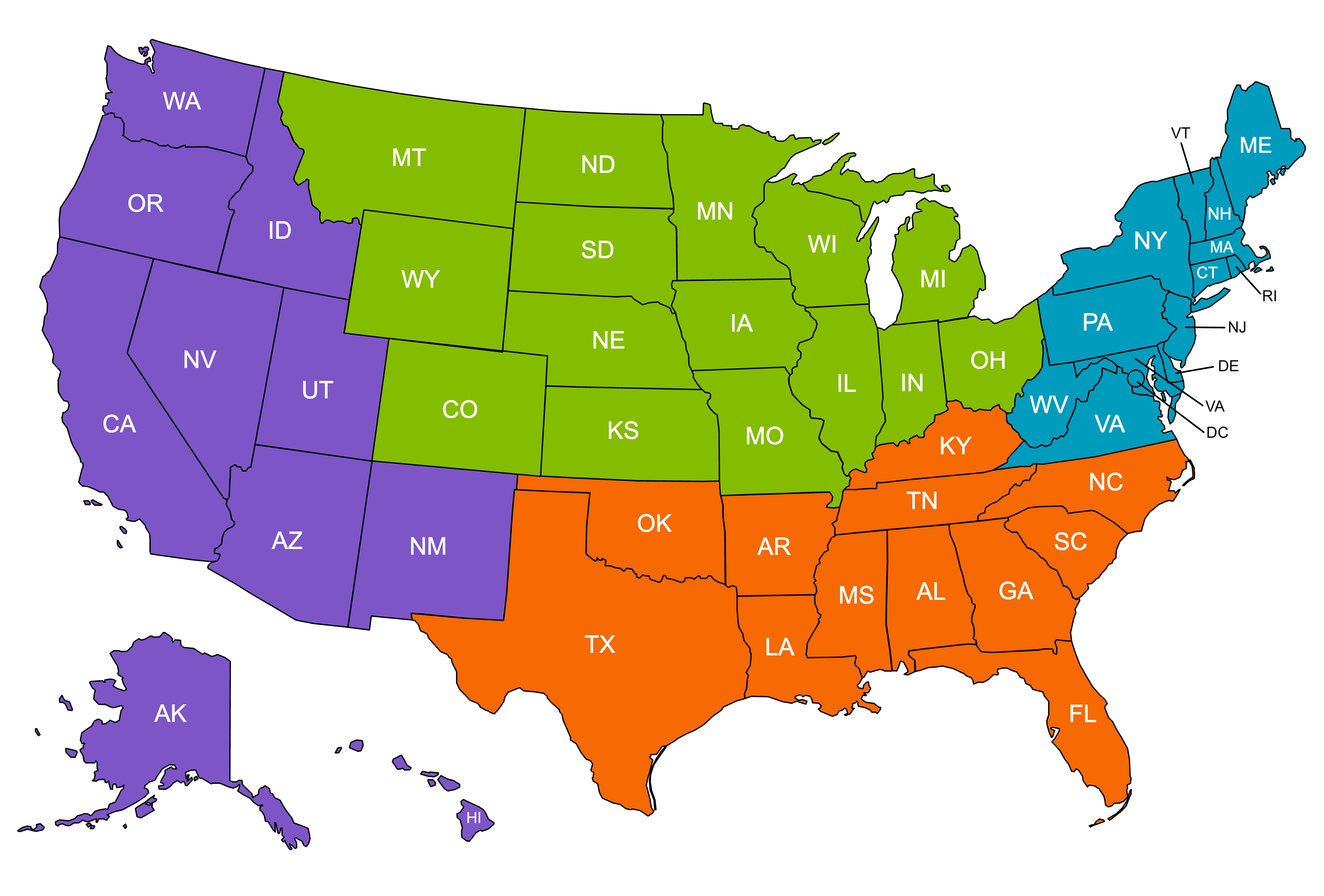 Map of the United States in four different colors depicting West, Southeast, Midwest, and Northeast regions. The Southeast region is colored orange and includes the states of AL, AR, FL, GA, KY, LA, MS, NC, OK, SC, TN, and TX. The Northeast region is colored blue and includes the states of CT, DE, MD, MA, ME, NH, NJ, NY, PA, RI, VA, VT, WV, and DC. The Midwest region is colored green and includes the states of CO, IL, IN, IA, KS, MI, MN, MO, MN, NE, ND, OH, SD, WI, and WY. The West region is colored purple and includes the states of AK, AZ, CA, HI, ID, NV, NM, OR, UT, and WA.