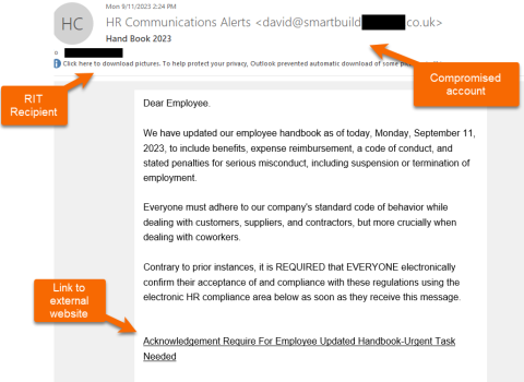 Screenshot of HR Communications Alerts phishing email