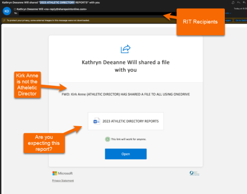 Microsoft OneDrive phish using RIT leader name