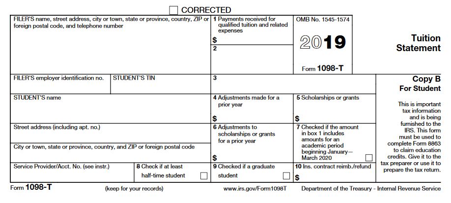 A blank copy of Form 1098-T from 2019