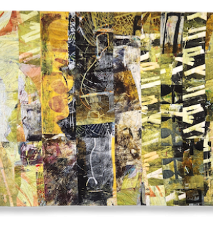a painterly fabric quilt with a series of cut panels each with a distinct color pallate from grey to yellow, ochre, green, black and white. The overall effect is a blend from light to dark.