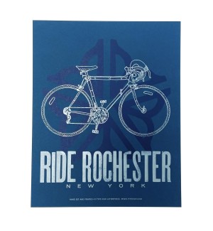 an artist handset letterpress design of an image of the Rochester, NY city logo with a road bike printed over the top in metallic blue ink, all on dark blue paper.