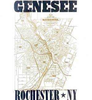 a letterpress print on white paper of a 1800's era map of Rochester, NY with the text 'Mightiest City on the Genesee'.