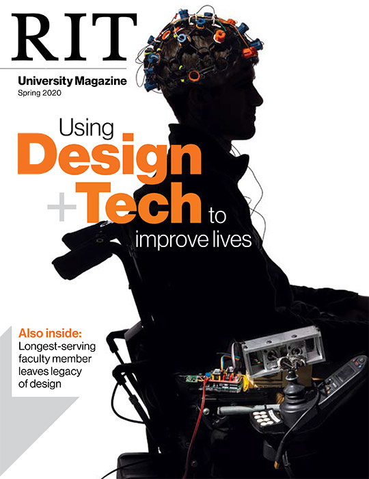 magazine cover featuring outline of person in wheelchair with sensors attached to his head.