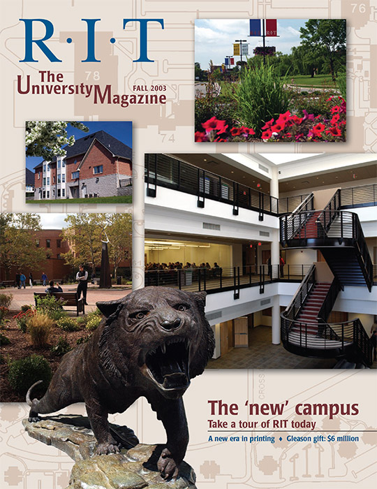 University Magazine cover featuring collage of RIT photos: Tiger Statue, buildings, landscaping.