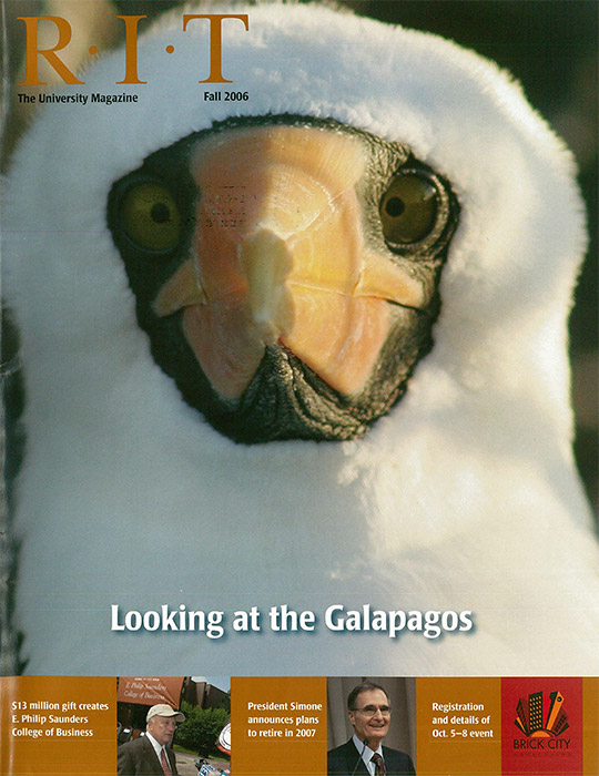 University Magazine cover featuring head-on view of the Nazca booby bird.