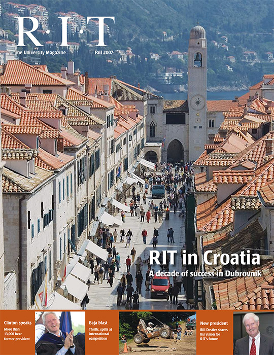 University Magazine cover featuring overhead view down busy street in Croatia.