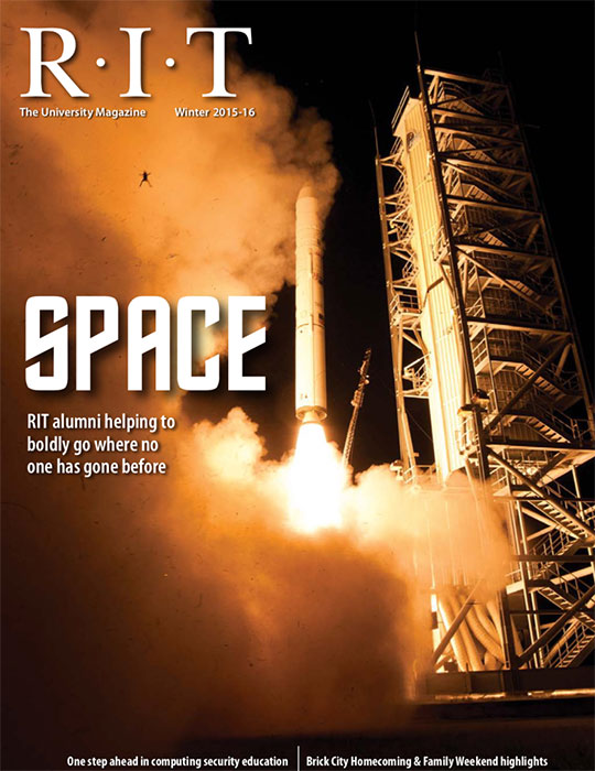 Magazine cover with image of spaceship launch