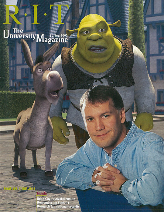 University Magazine cover featuring man superimposed over Shrek and Donkey.