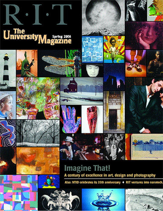 University Magazine cover featuring collage of Imagine RIT festival projects.