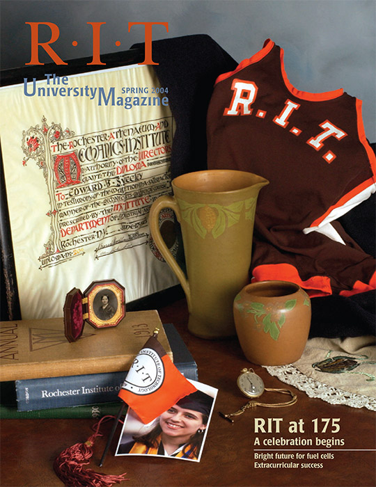 University Magazine cover featuring collection of RIT memorabilia.