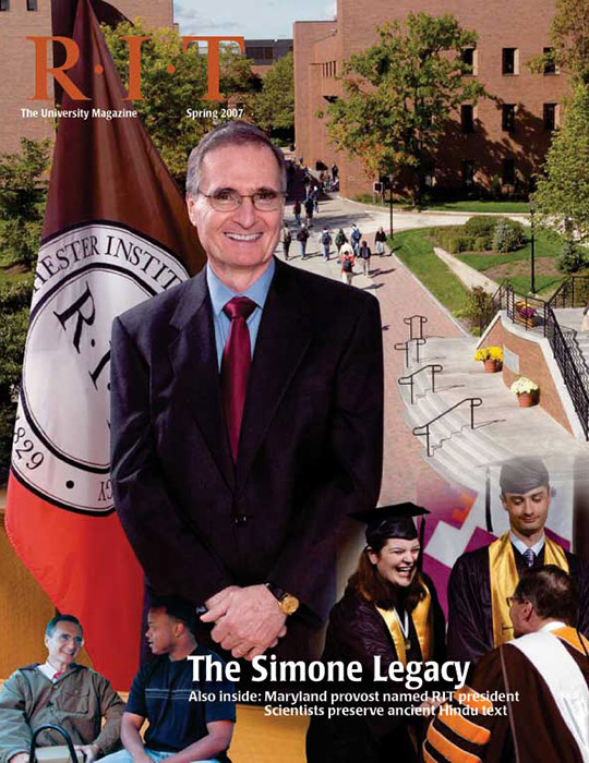University Magazine cover featuring man wearing suit in front of RIT flag.