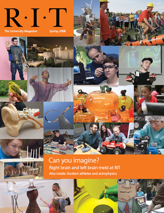 University Magazine cover featuring collage of images of students and professors working, glass pumpkins, semiconductor wafers, and other projects.