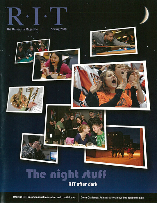 University Magazine cover featuring snapsot images of students cheering, walking, playing billiards and drinking coffee.