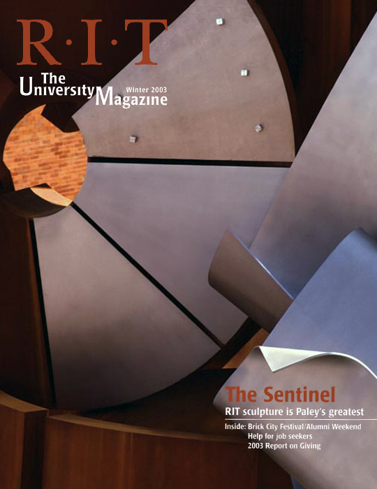 University Magazine cover featuring closeup of The Sentinel statue.