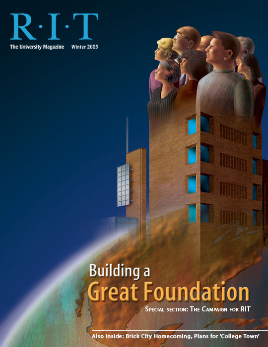University Magazine cover featuring graphic of building rising from Earth.