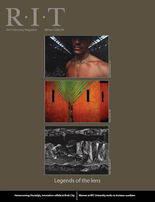 University Magazine cover featuring three stacked images: a bare-chested man, a green tree and a canyon