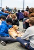 group of students pets a golden retriever. 