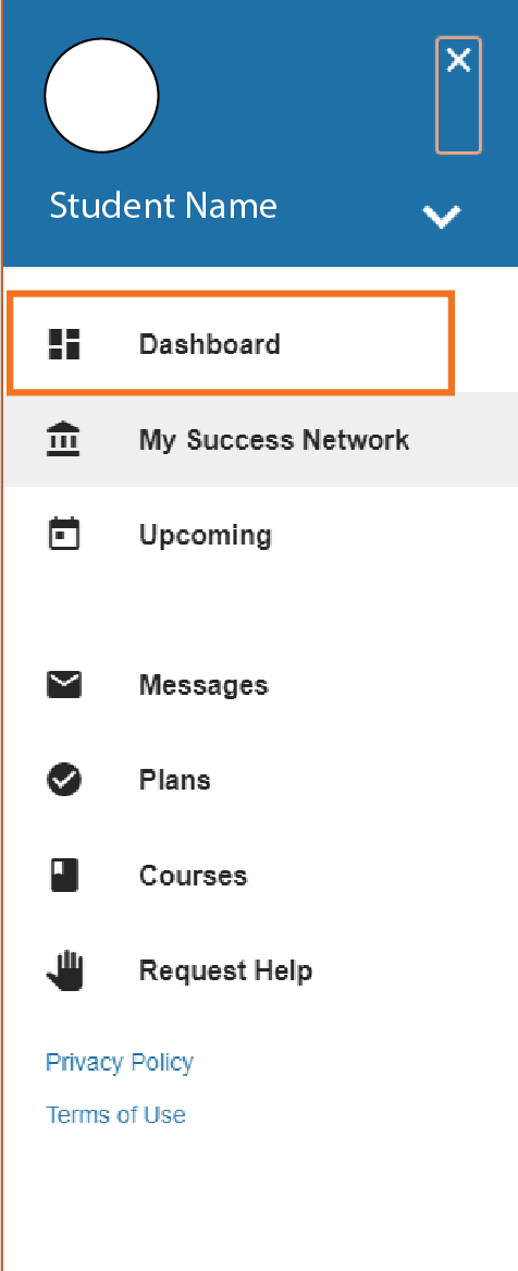 There is a blue region covering about 1/4 of the menu. In this region, there is a circle meant to hold the student’s profile picture. Under that is the “Student Name” and there is an “x” icon to the left of the circle with an orange box around it. Next to the “Student Name” is a “v” icon that is used to expand the rest of the menu. Below the blue region, is the expanded menu which has buttons to various pages: “Dashboard”, “My Success Network”, “Upcoming”, “Messages”, “Plans”, “Courses”, and “Request Help”. There is an orange box around “Dashboard”. Blow these, there are two hyperlinks – “Privacy Policy” and “Terms of Use”. 
