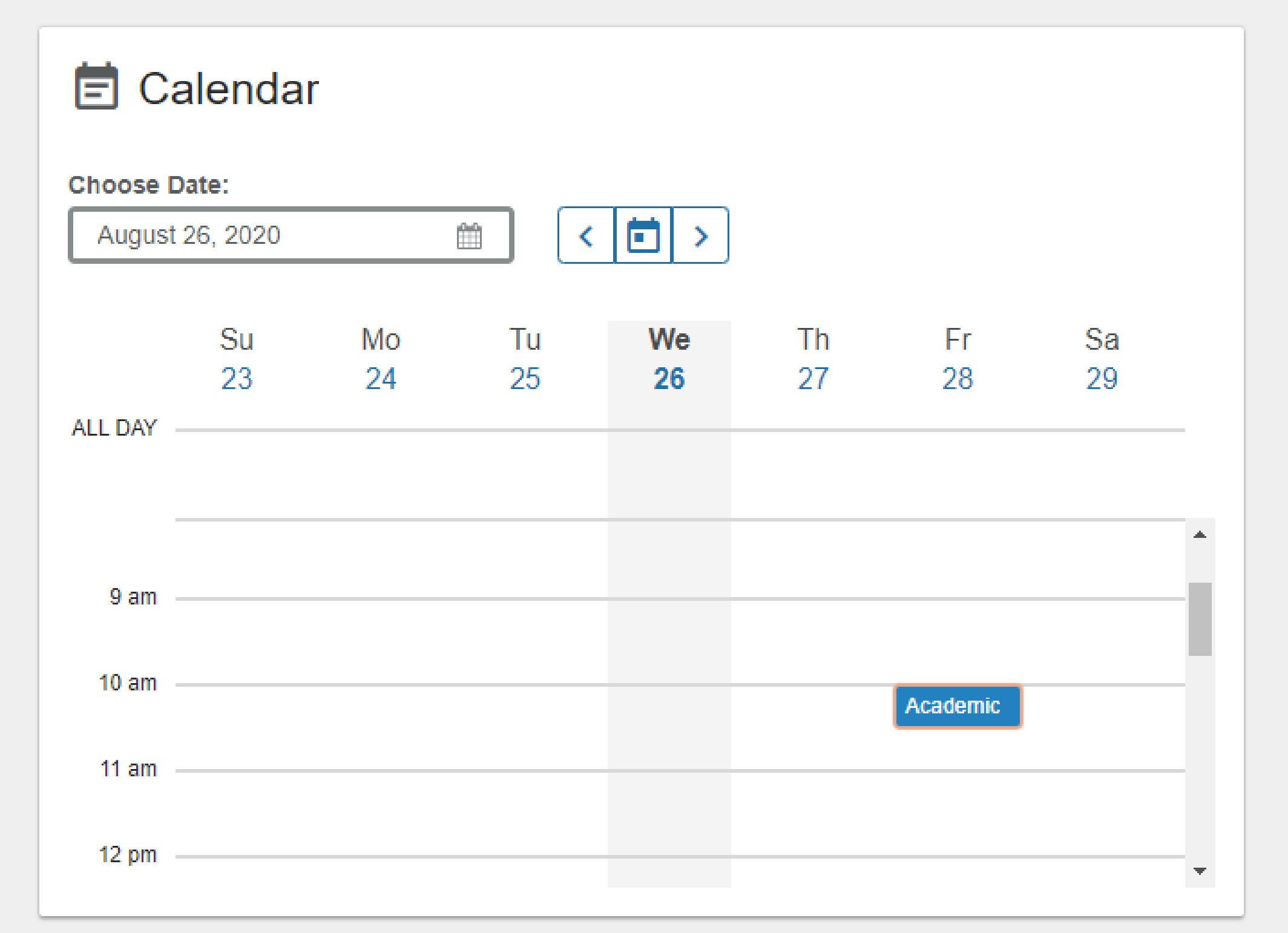 This shows the calendar and how an appointment for August 28, 2020 at 10am would show at that position on the calendar.